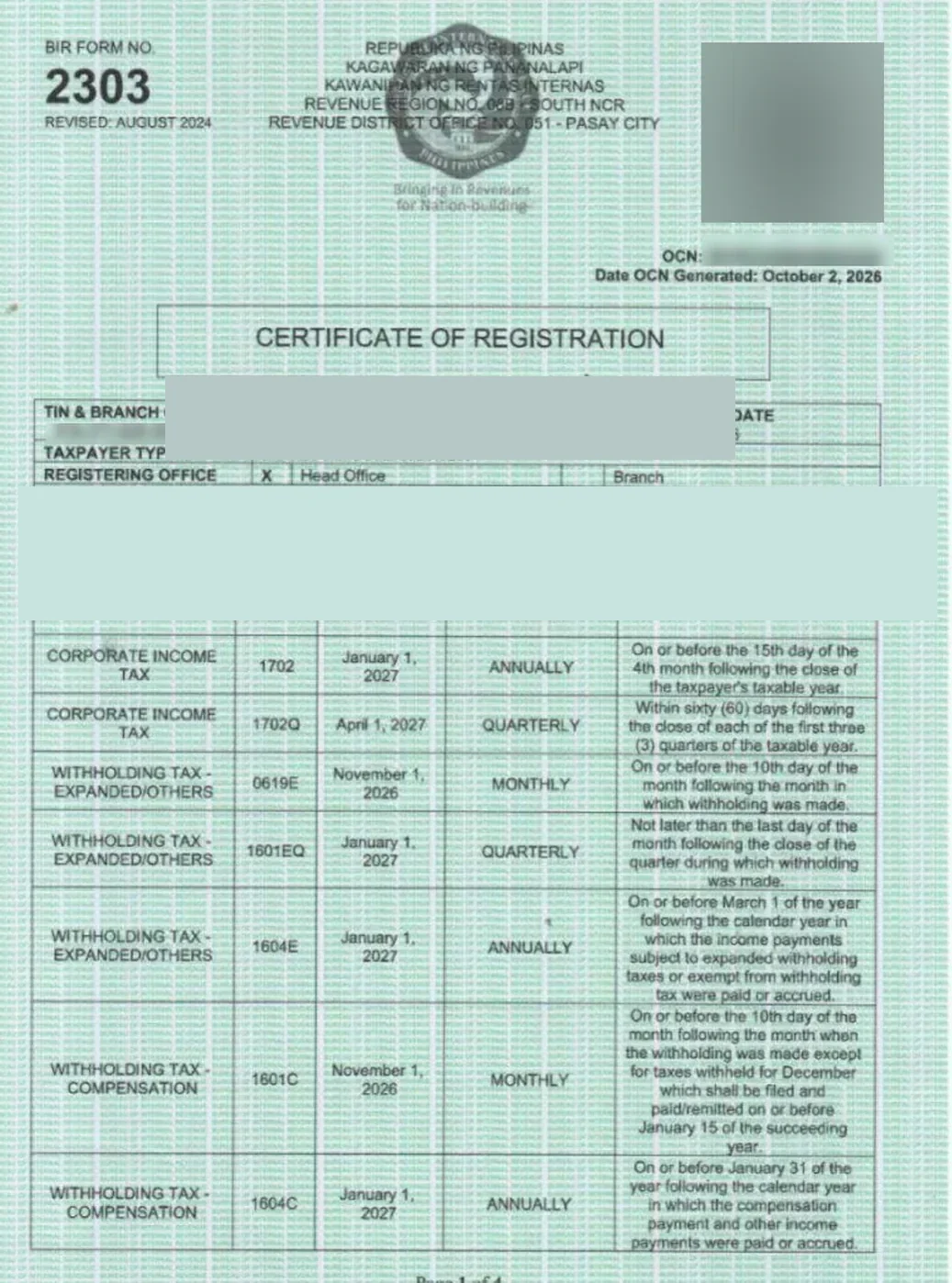 BIR 税务登记证 2303 · 已脱敏文件