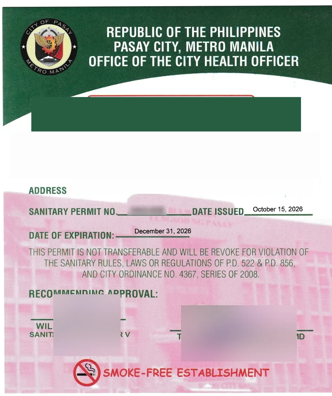 Pasay 卫生许可证 · 已脱敏文件