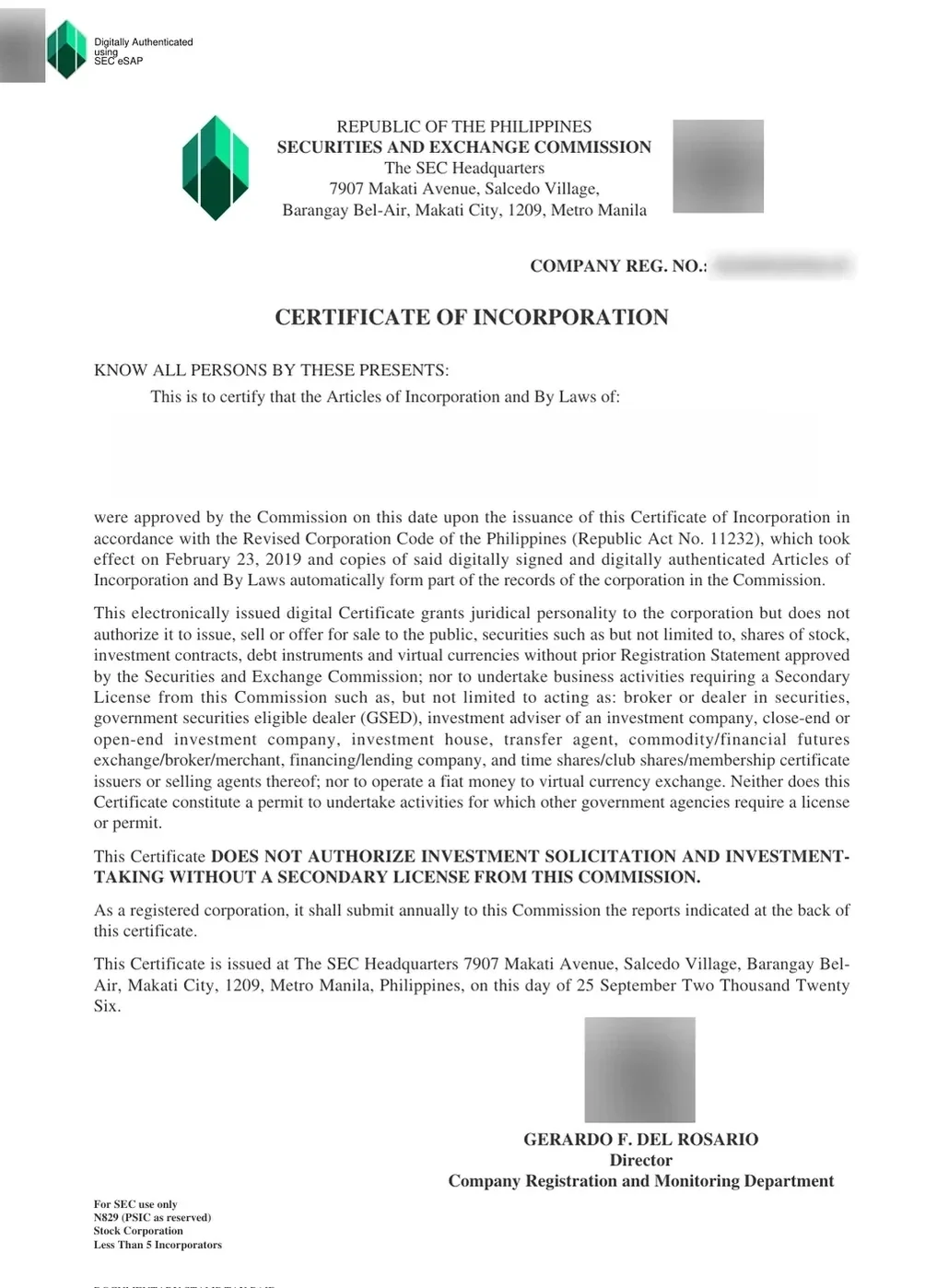 SEC 公司注册证书 · 已脱敏文件